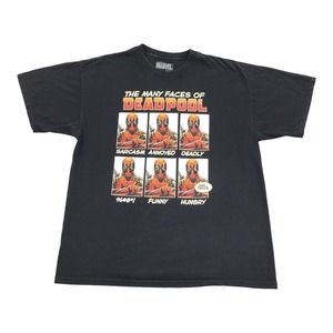 Marvel Deadpool Many Faces Funny Short Sleeve T-Shirt XL Adult Black Orange